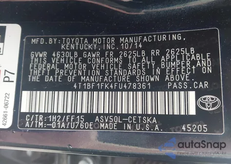 2015 Toyota Camry Se from USA, damaged, VIN 4T1BF1FK4FU478361